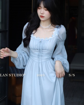 Square collar autumn long dress temperament chiffon dress