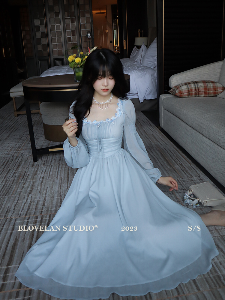 Square collar autumn long dress temperament chiffon dress