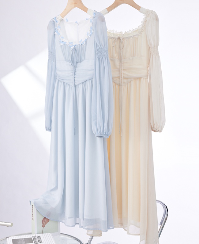 Square collar autumn long dress temperament chiffon dress