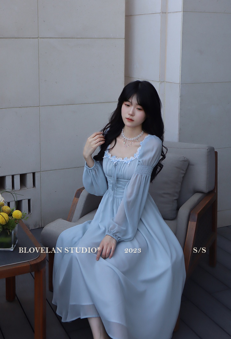 Square collar autumn long dress temperament chiffon dress