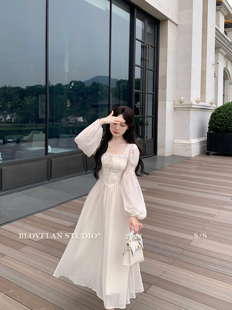 Square collar autumn long dress temperament chiffon dress