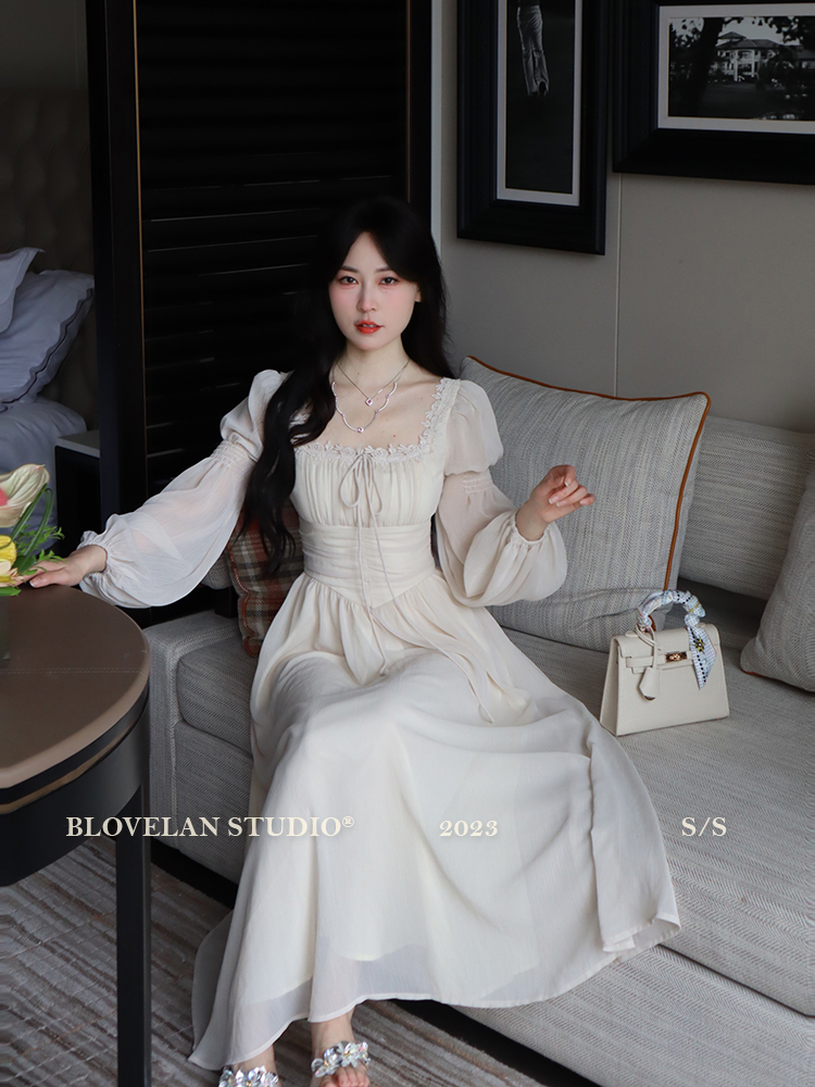 Square collar autumn long dress temperament chiffon dress