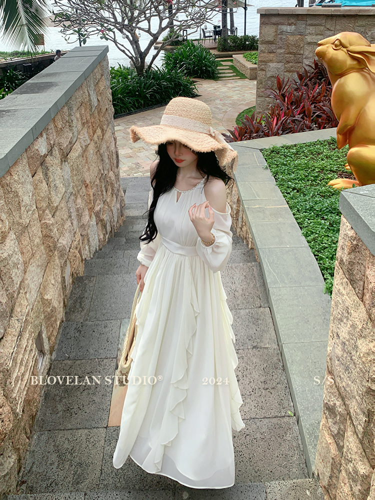 Chiffon lady autumn lotus leaf edges strapless dress