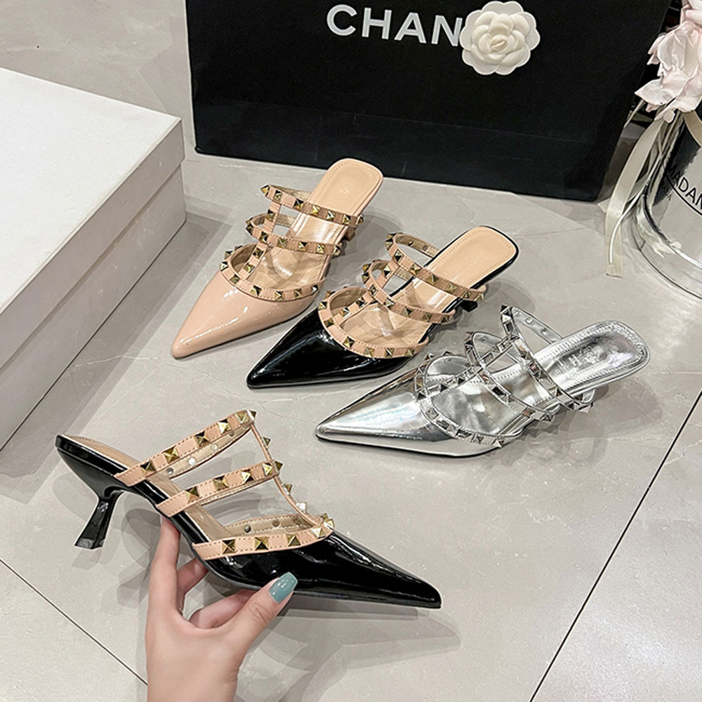 Fine-root rivet high-heeled shoes pointed rome slippers