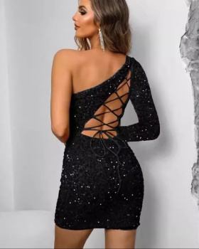 European style sequins package hip hollow dress