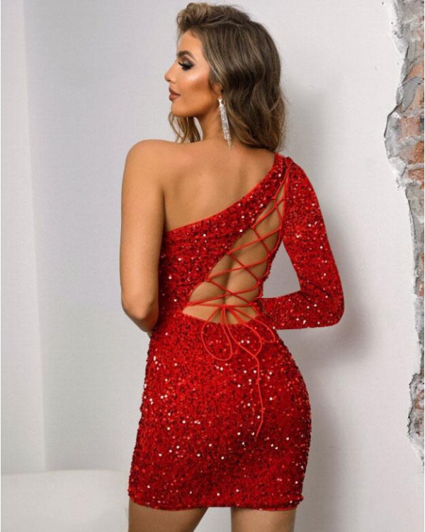 European style sequins package hip hollow dress