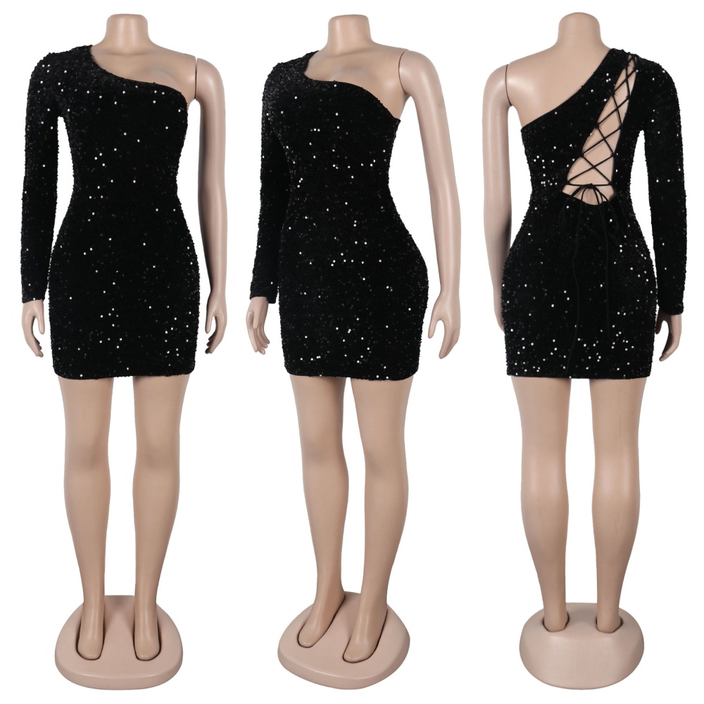 European style sequins package hip hollow dress