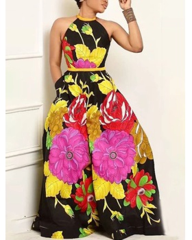 Printing sleeveless European style wide leg loose jumpsuit