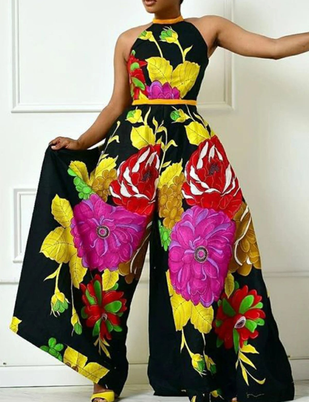 Printing sleeveless European style wide leg loose jumpsuit