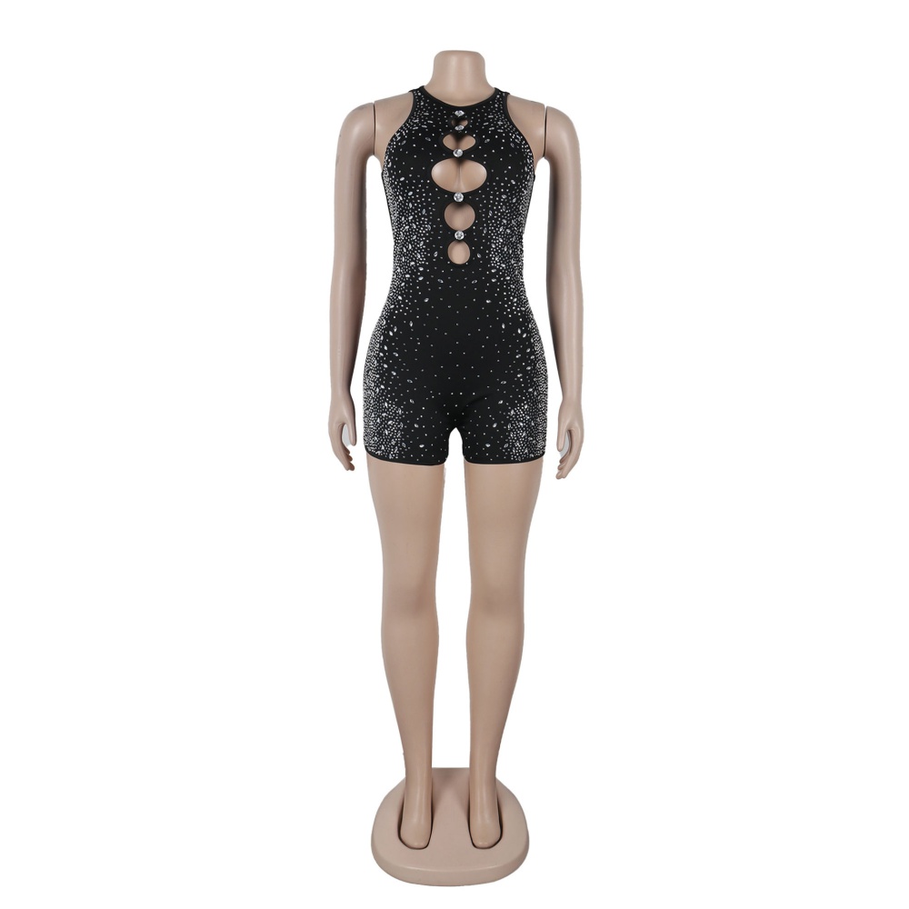 Hollow elasticity sleeveless rhinestone jumpsuit