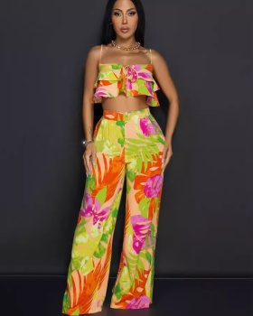 Sling tops printing wide leg pants 2pcs set