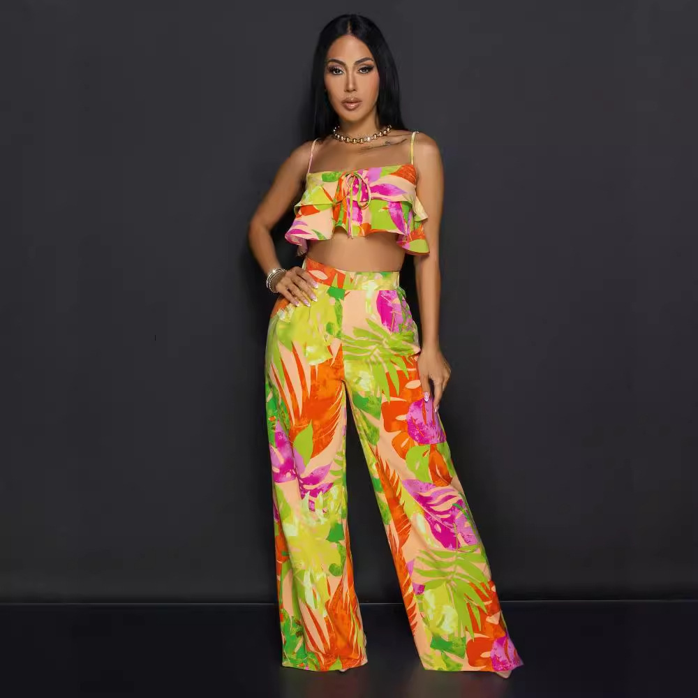 Sling tops printing wide leg pants 2pcs set