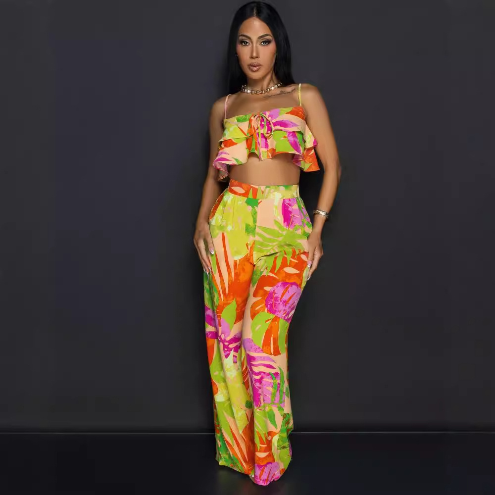 Sling tops printing wide leg pants 2pcs set