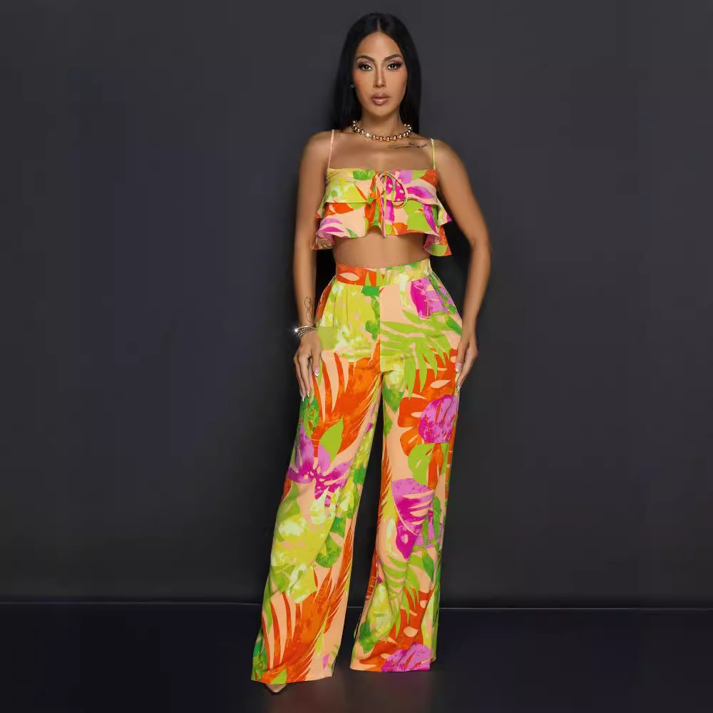 Sling tops printing wide leg pants 2pcs set