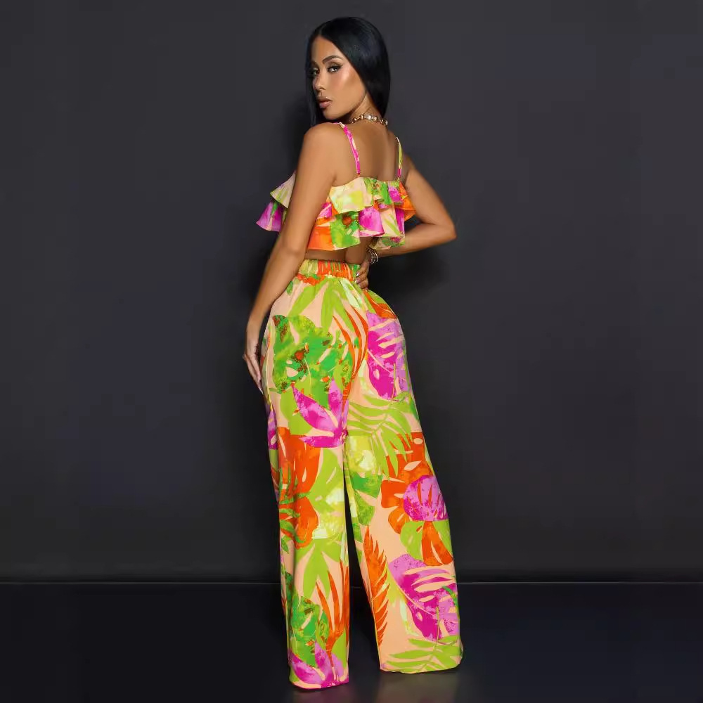 Sling tops printing wide leg pants 2pcs set