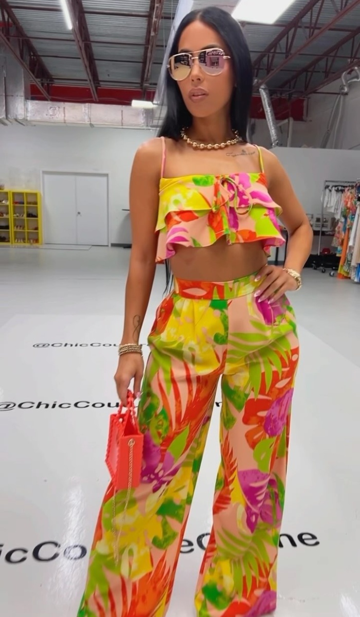 Sling tops printing wide leg pants 2pcs set