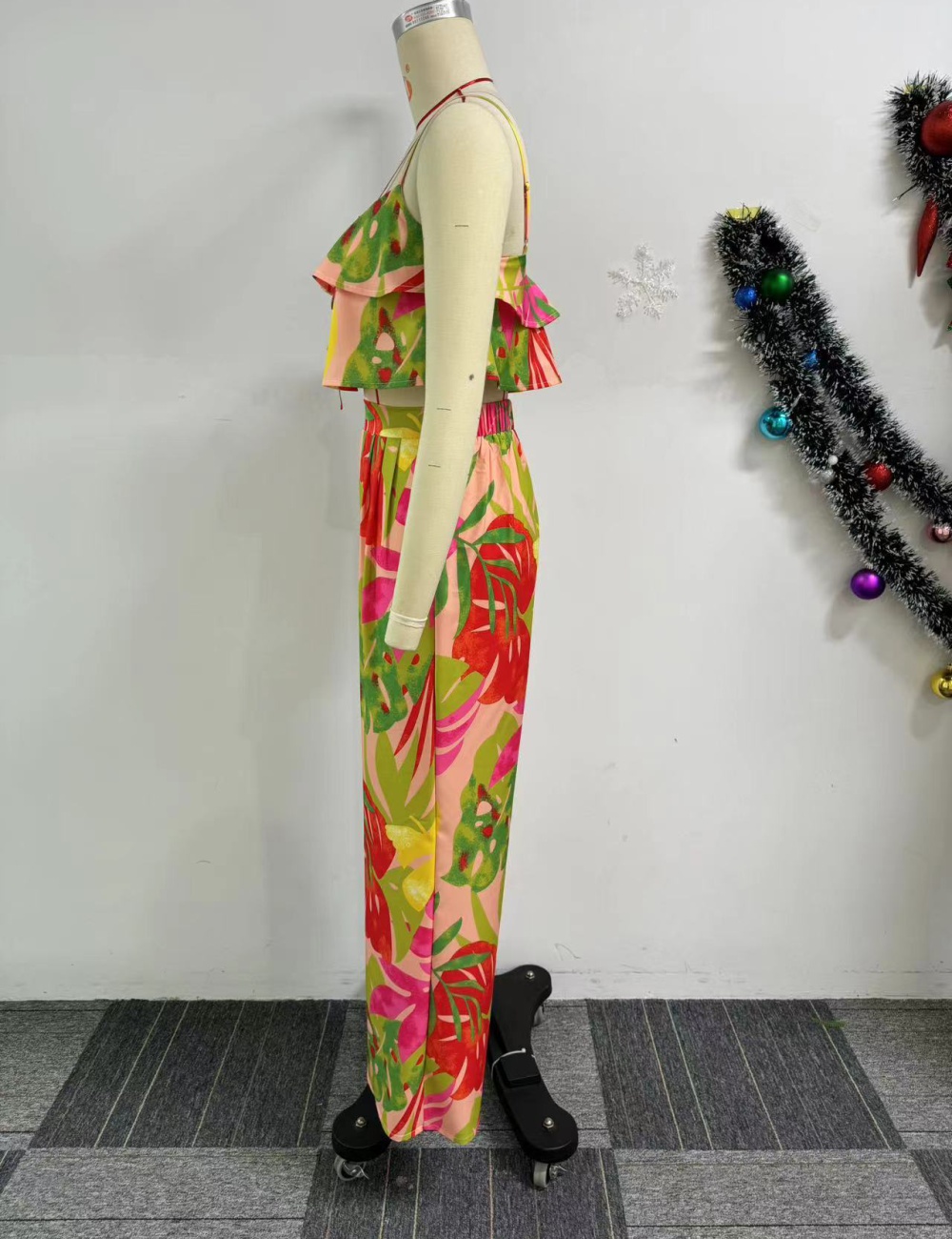 Sling tops printing wide leg pants 2pcs set