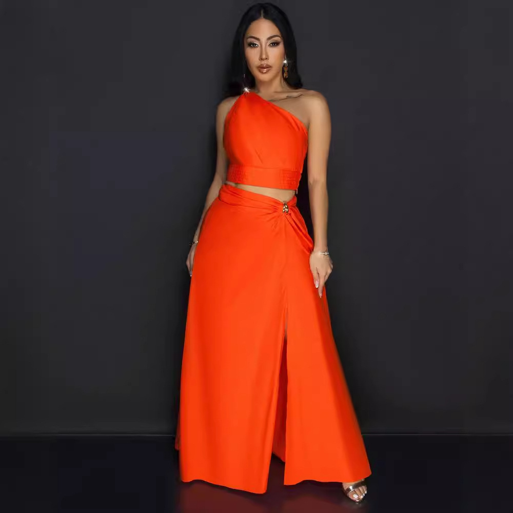 Sleeveless long skirt sloping shoulder tops 2pcs set