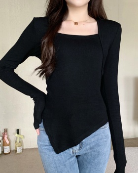 Square collar split autumn irregular slim long sleeve T-shirt