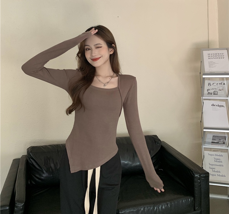 Square collar split autumn irregular slim long sleeve T-shirt