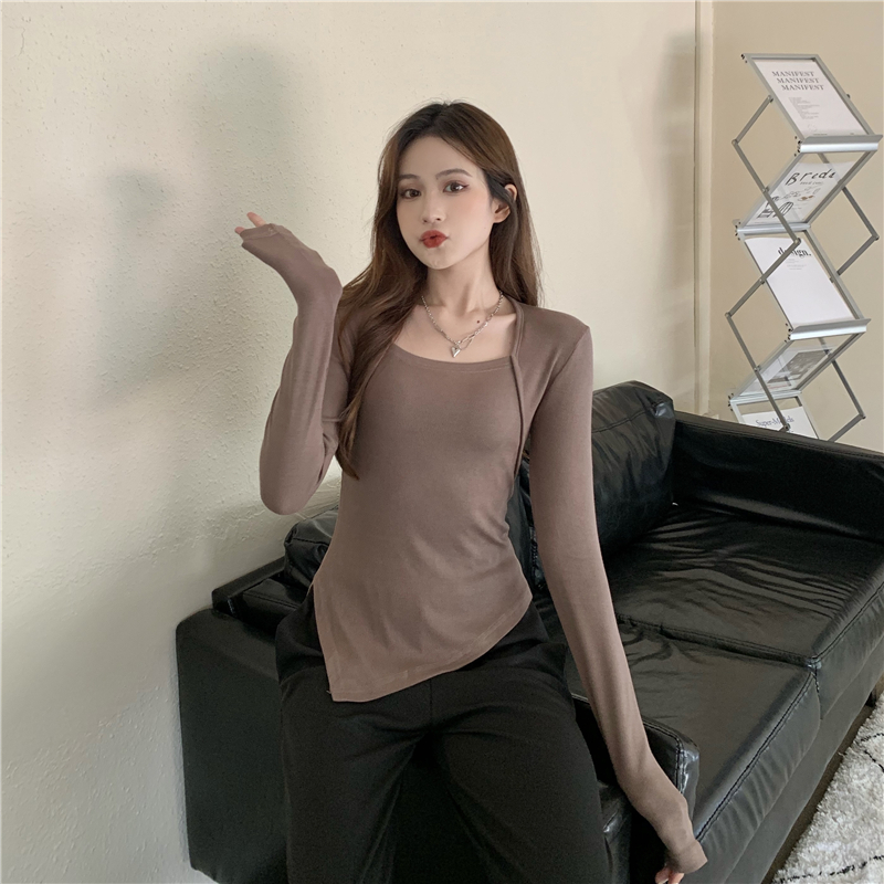 Square collar split autumn irregular slim long sleeve T-shirt