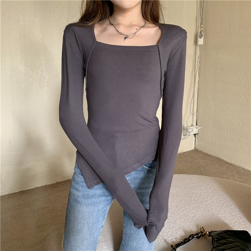 Square collar split autumn irregular slim long sleeve T-shirt