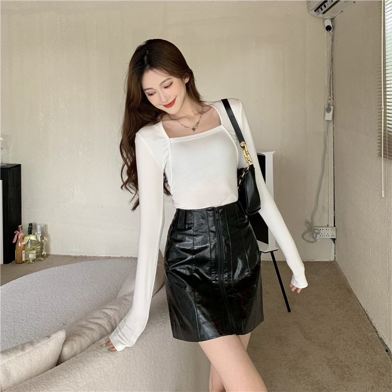 Square collar split autumn irregular slim long sleeve T-shirt