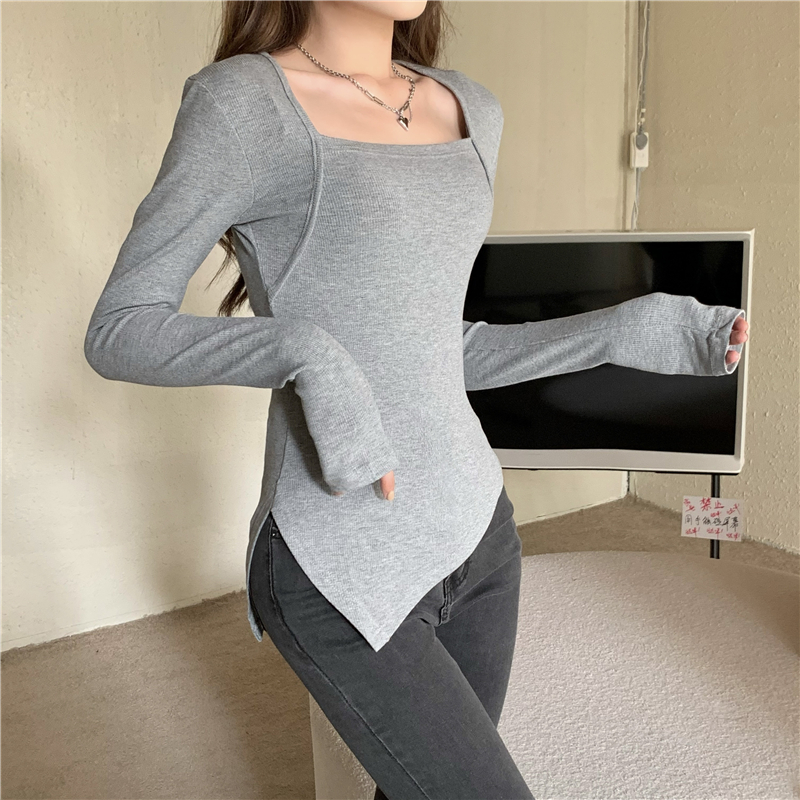 Square collar split autumn irregular slim long sleeve T-shirt