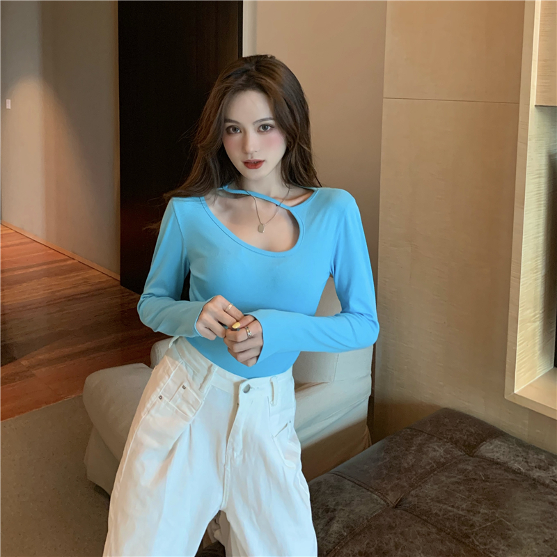 Slim long sleeve Korean style tops hollow sexy T-shirt