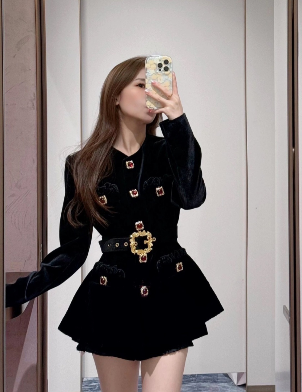 Velvet pinched waist autumn and winter slim long coat