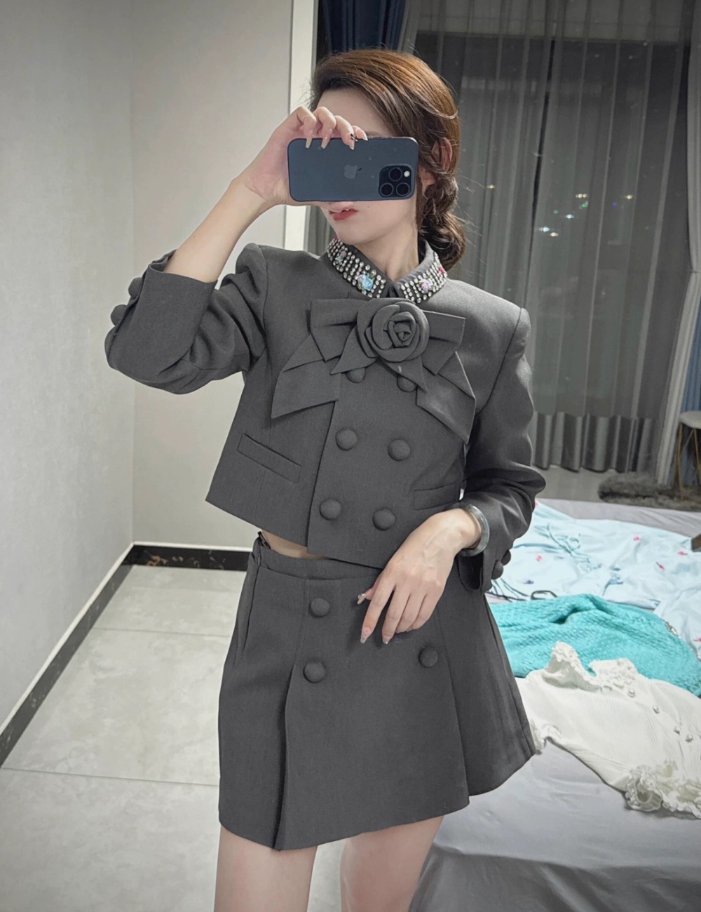 Gray gorgeous business suit rose simple short skirt a set