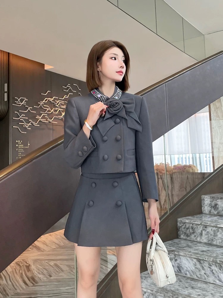 Gray gorgeous business suit rose simple short skirt a set