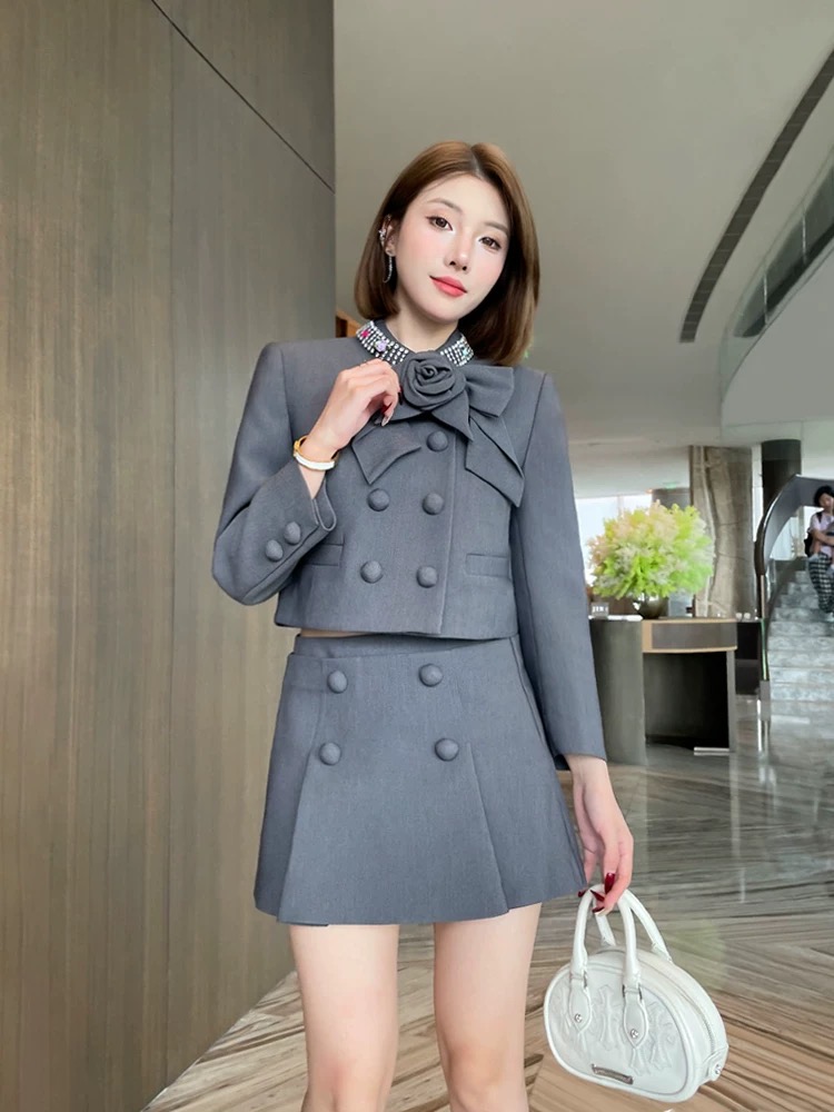 Gray gorgeous business suit rose simple short skirt a set