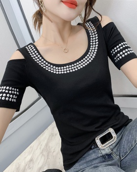 Beauty back rhinestone tops autumn small shirt