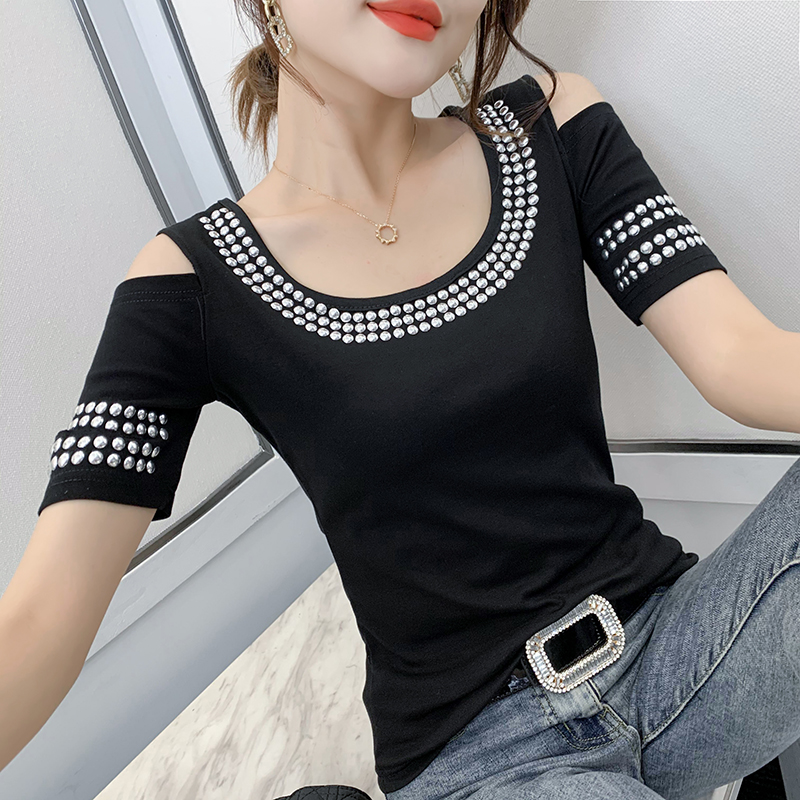 Beauty back rhinestone tops autumn small shirt