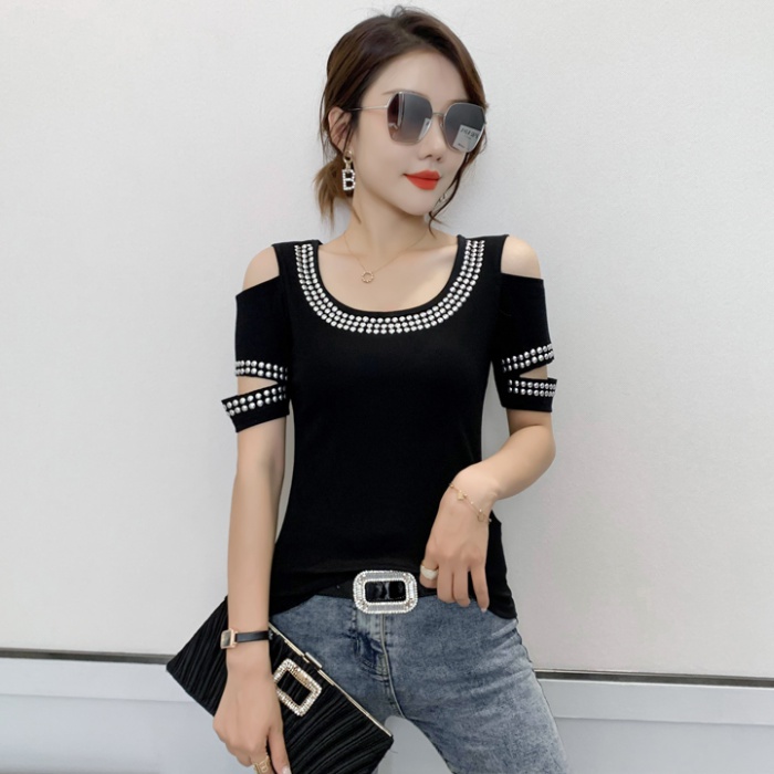 Beauty back rhinestone tops autumn small shirt