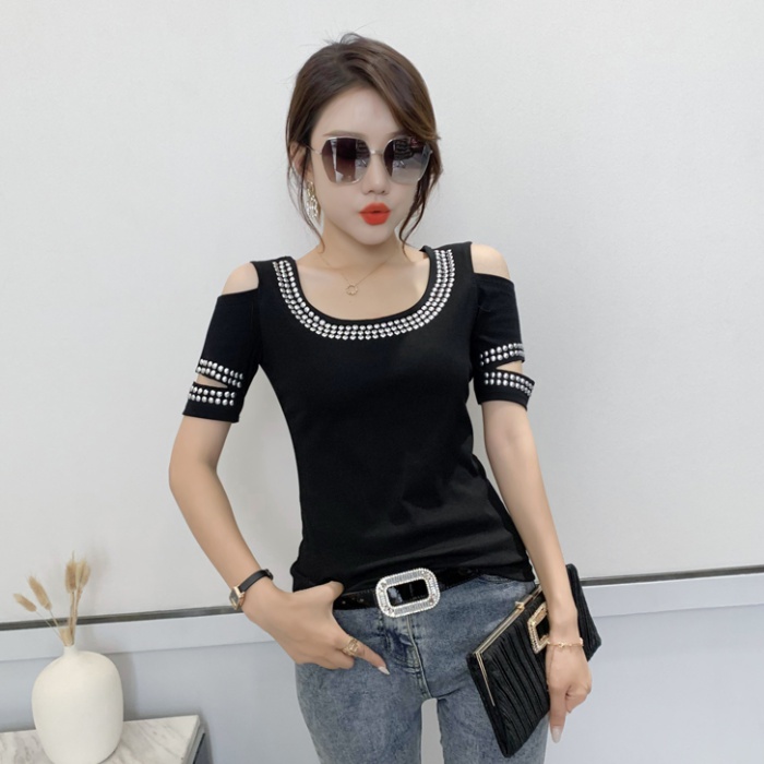 Beauty back rhinestone tops autumn small shirt