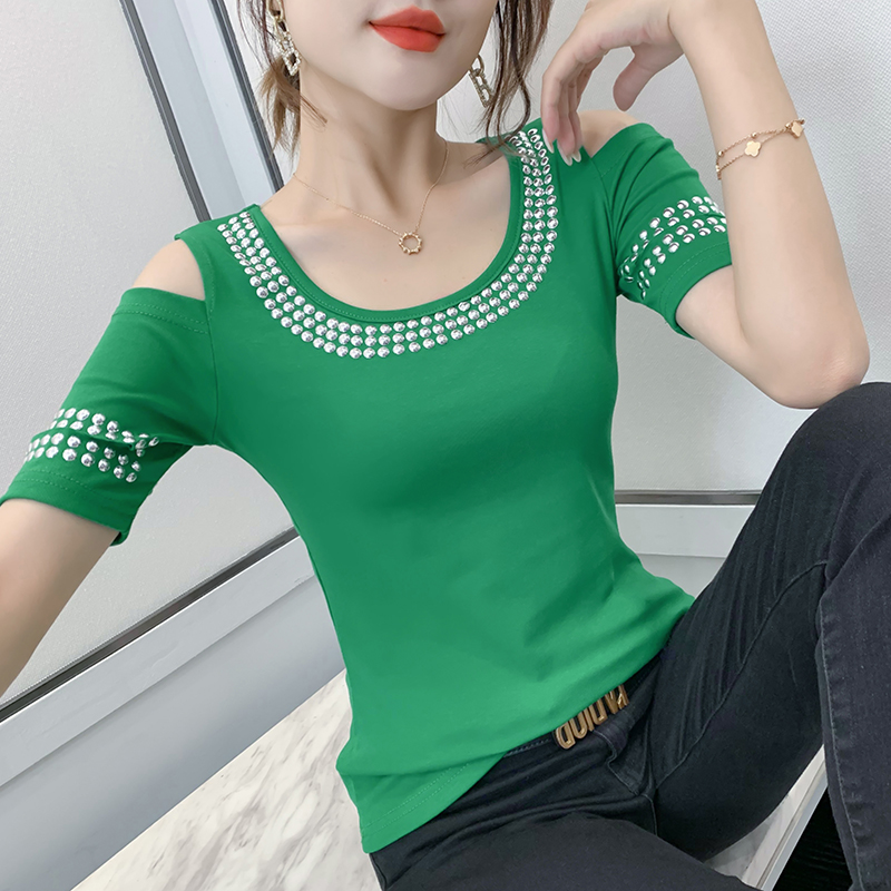 Beauty back rhinestone tops autumn small shirt