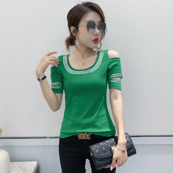 Beauty back rhinestone tops autumn small shirt