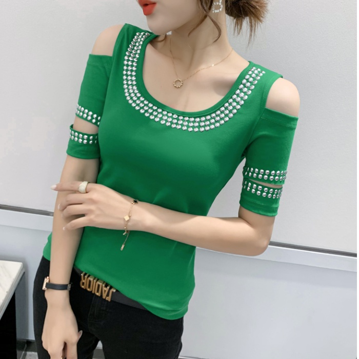 Beauty back rhinestone tops autumn small shirt