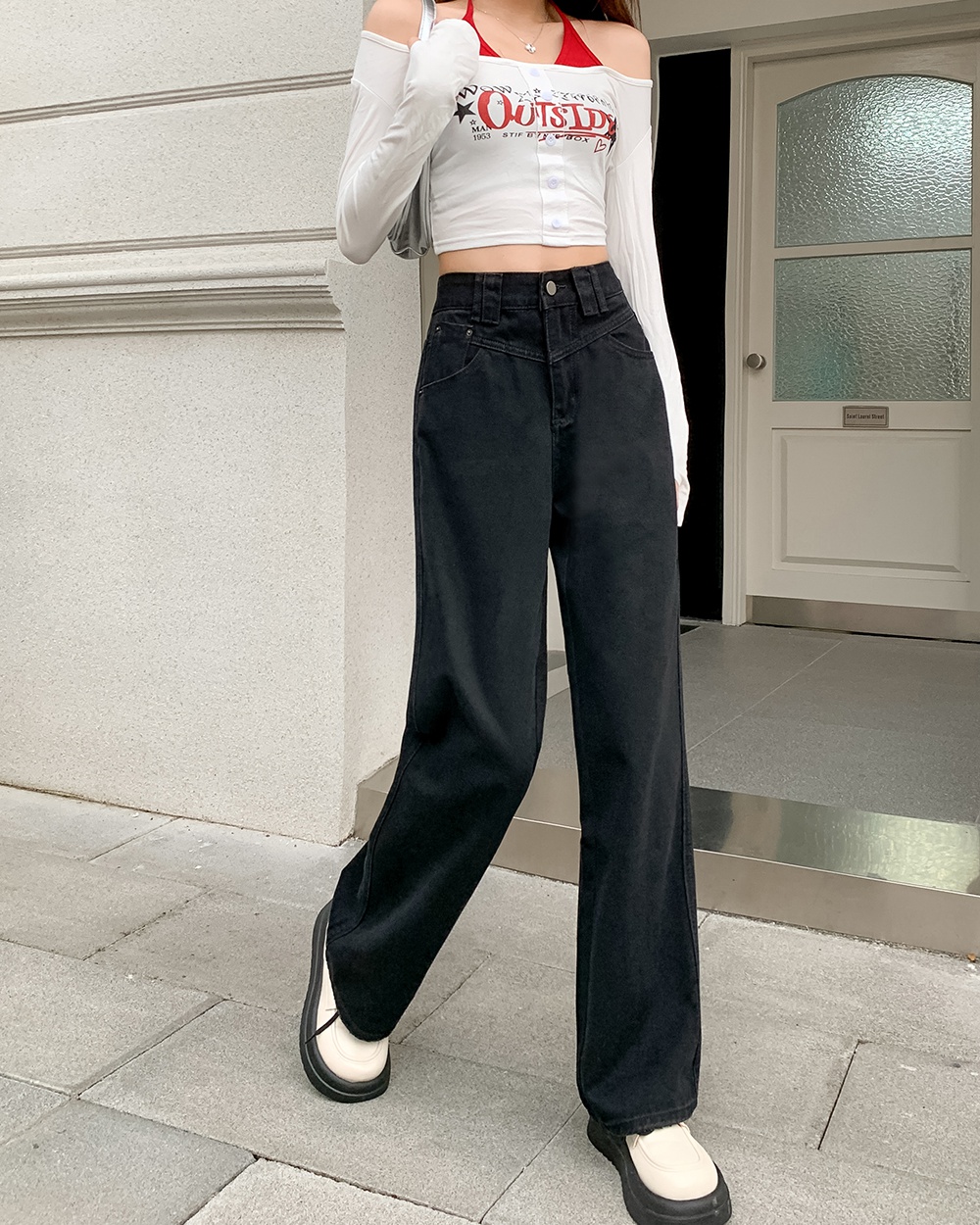 Mopping retro jeans straight wide leg long pants