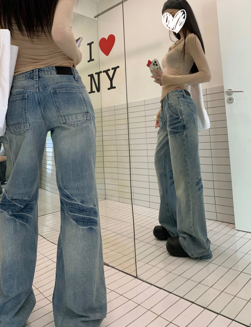 Slim low-waist loose long pants wear white retro jeans