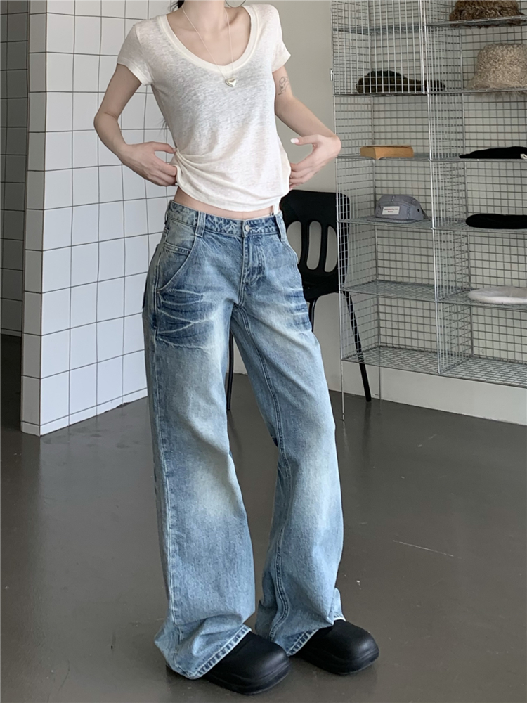 Slim low-waist loose long pants wear white retro jeans