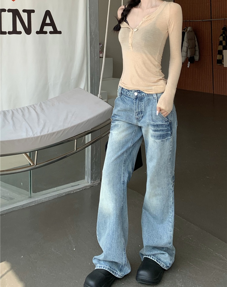 Slim low-waist loose long pants wear white retro jeans