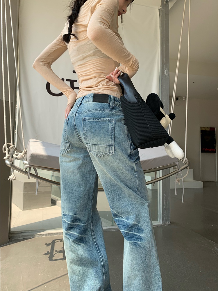 Slim low-waist loose long pants wear white retro jeans