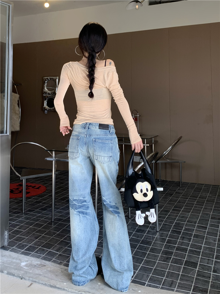 Slim low-waist loose long pants wear white retro jeans