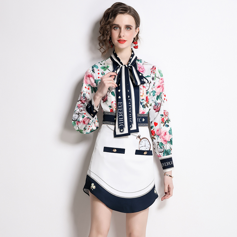 Printing collar high waist shirt elegant skirt a set