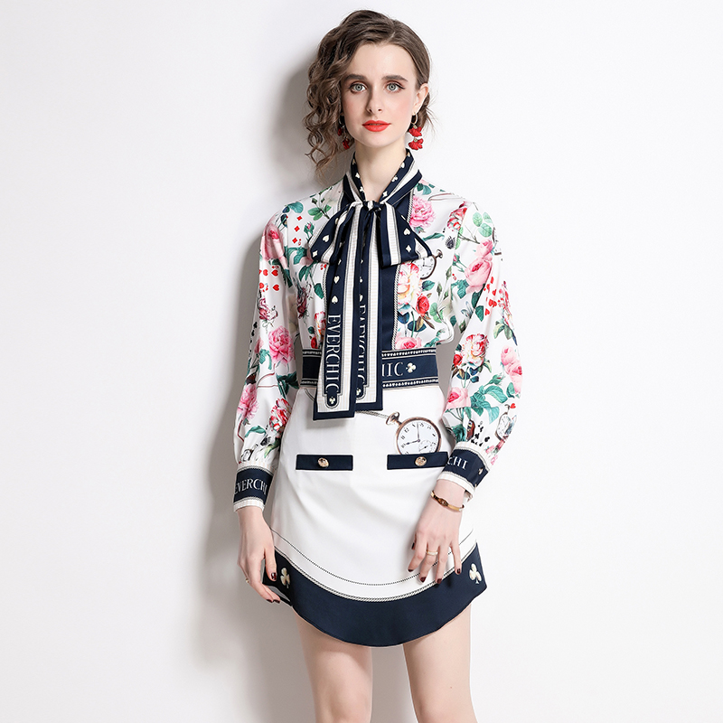 Printing collar high waist shirt elegant skirt a set