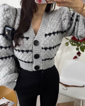 Mixed colors coat puff sleeve cardigan for women