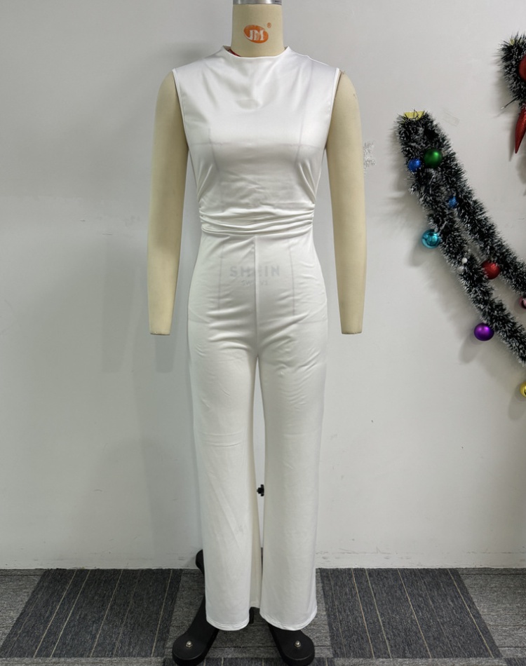 Fold wide leg European style pure sleeveless sexy jumpsuit